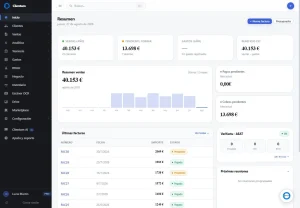 Panel de control (dashboard) de Clientum con indicadores de facturación, gastos y tesorería para pymes y autónomos